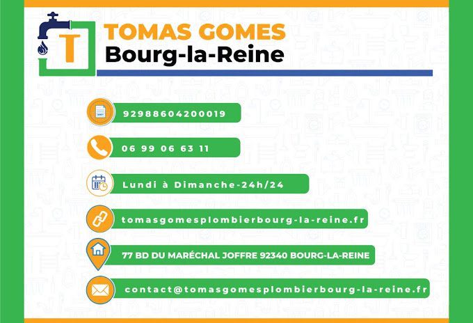 Carte de visite numérique pour Tomas Gomes, plombier à Bourg-la-Reine. Elle inclut des informations telles que le numéro d'entreprise, un contact téléphonique (06 99 06 63 11), les horaires de disponibilité 24h/24, l'adresse du site web (tomasgomesplombierbourg-la-reine.fr), l'adresse physique (77 Boulevard du Maréchal Joffre, 92340 Bourg-la-Reine), et une adresse e-mail (contact@tomasgomesplombierbourg-la-reine.fr)